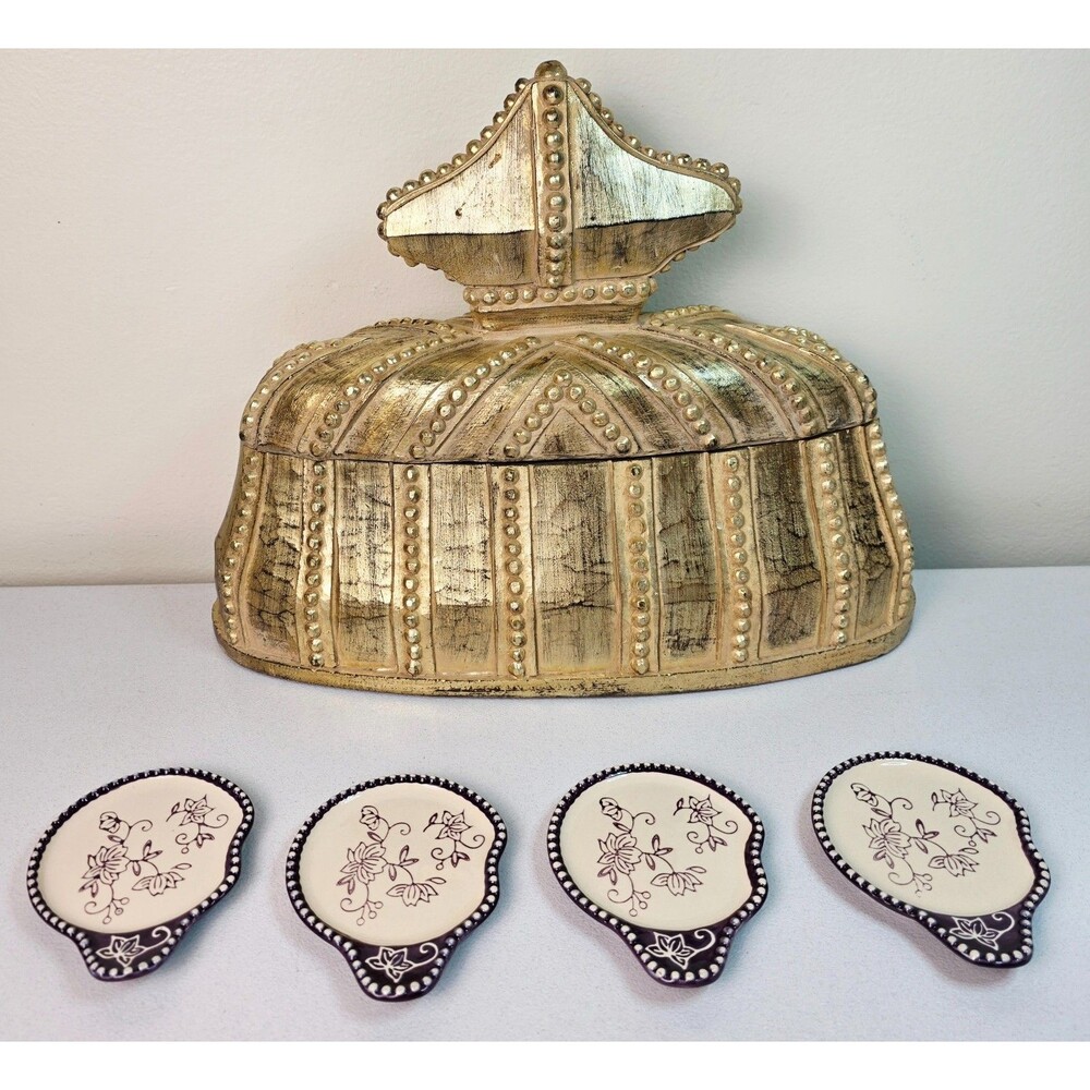 TEMPTATIONS Eggplant Floral Lace Set of 4 Coasters/ Spoon Rests/ Lid-Its RETIRED